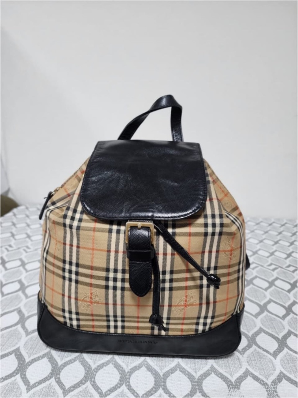 Authentic Burberry Vintage Haymarket Check Buckle Backpack Black/Beige